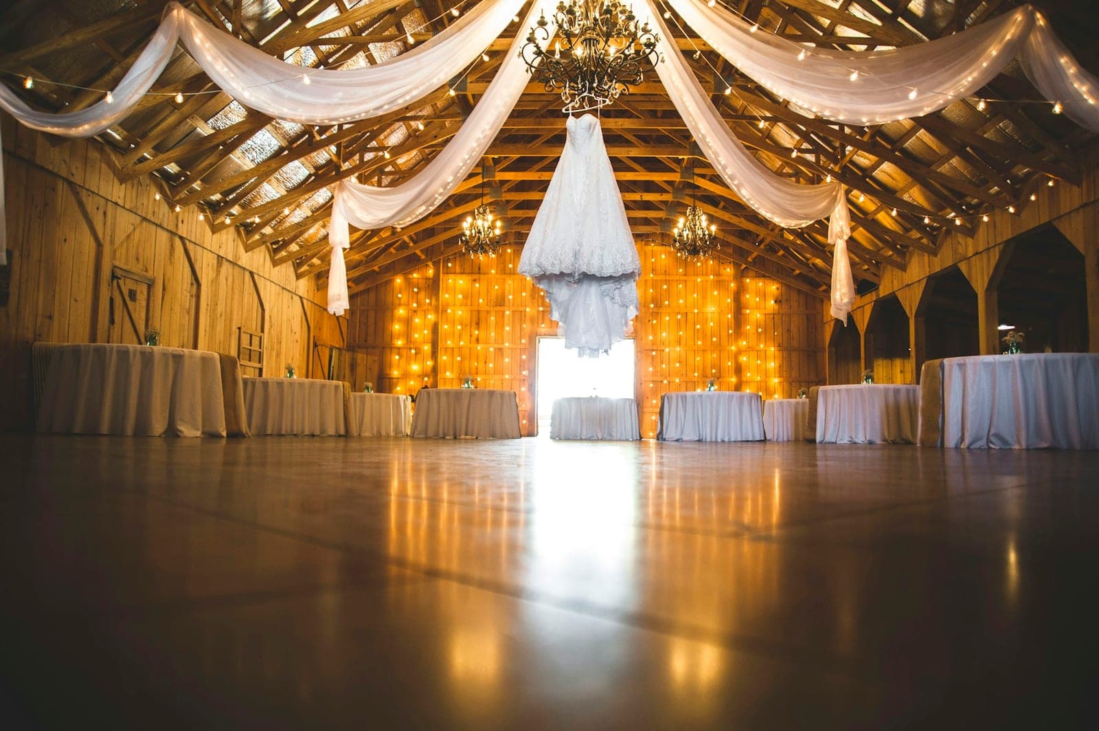 The barn lit for the evening